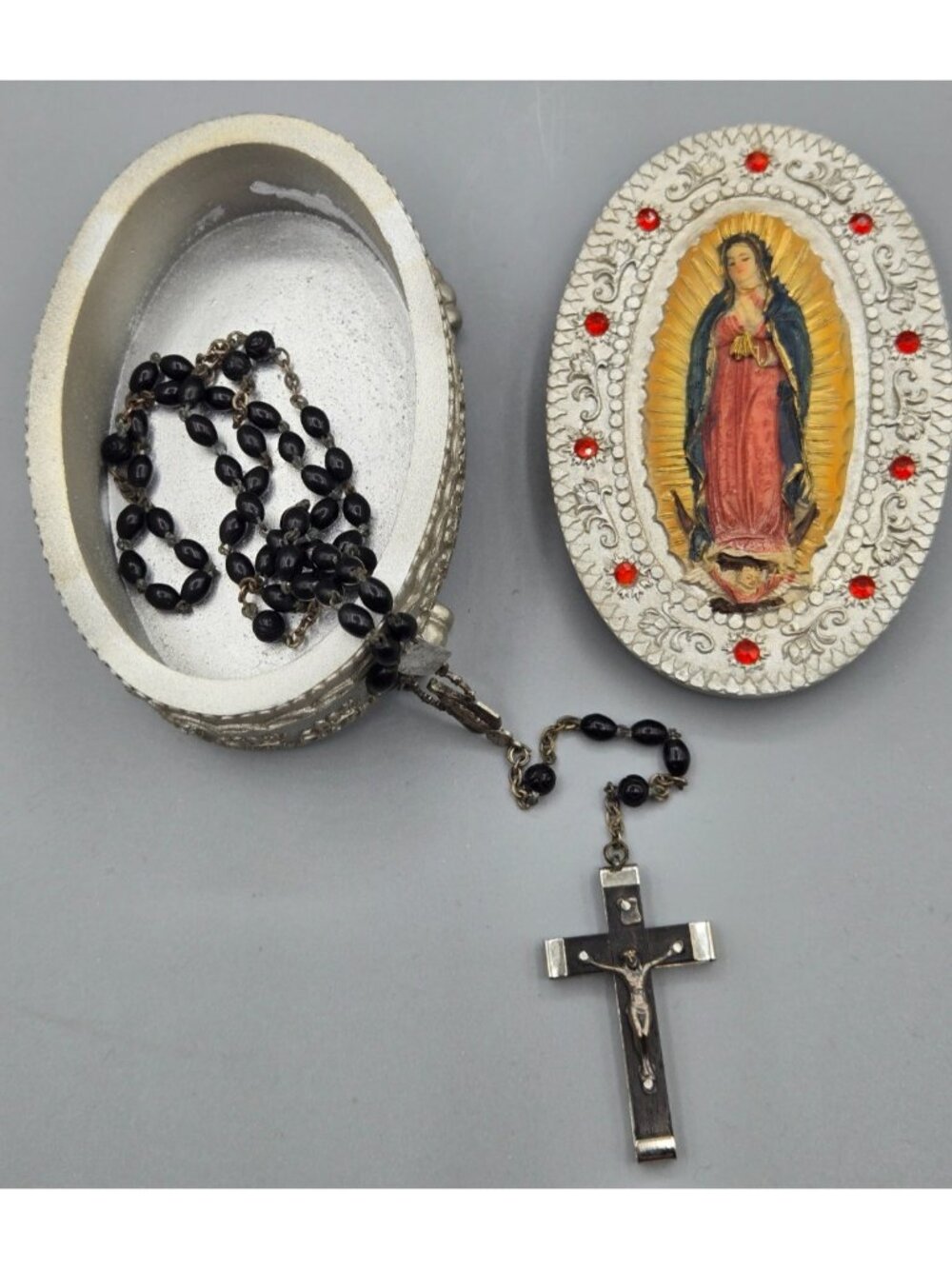 Our Lady of Guadalupe Rosary Box 4-in with 17-in Black Bead Rosary Made in Italy